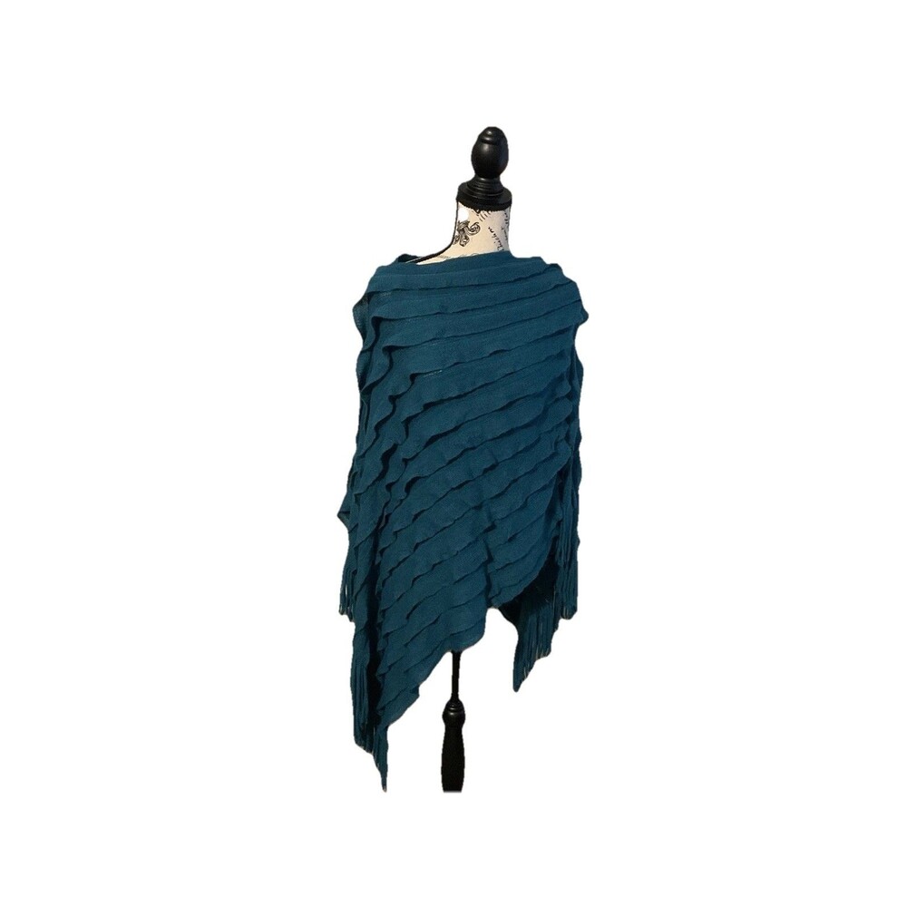 Sophia Max Layered Fringe Poncho Teal Green Wrap Coat Bold Statement OS Boho